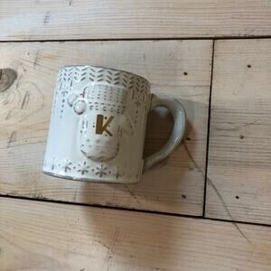 Anthropologie NWOT Holiday Mitten Mug Monogram Letter "K" White Gold